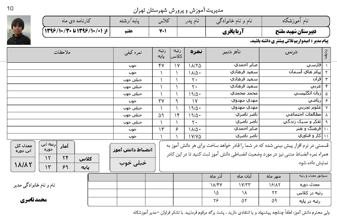 کارنامه با انضباط توصیفی و یک متن توصیفی برای دانش آموز