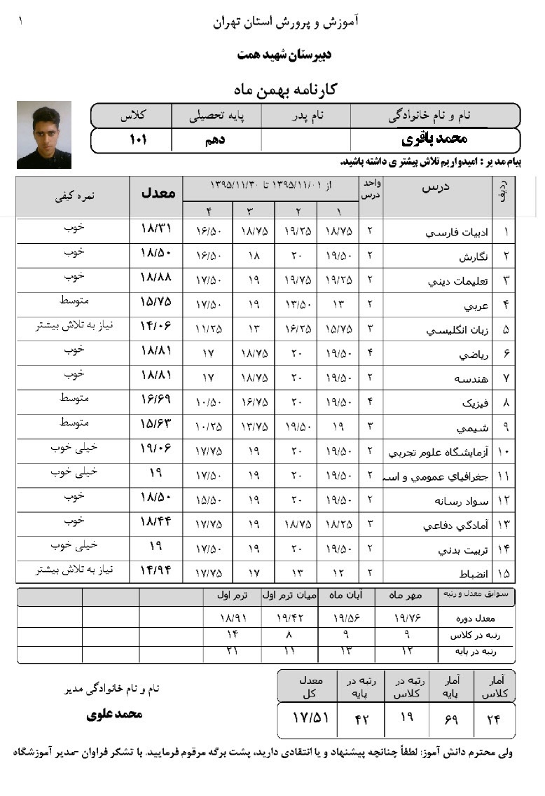 کارنامه کارنامه ماهانه با سوابق معدل دوره های گذشته